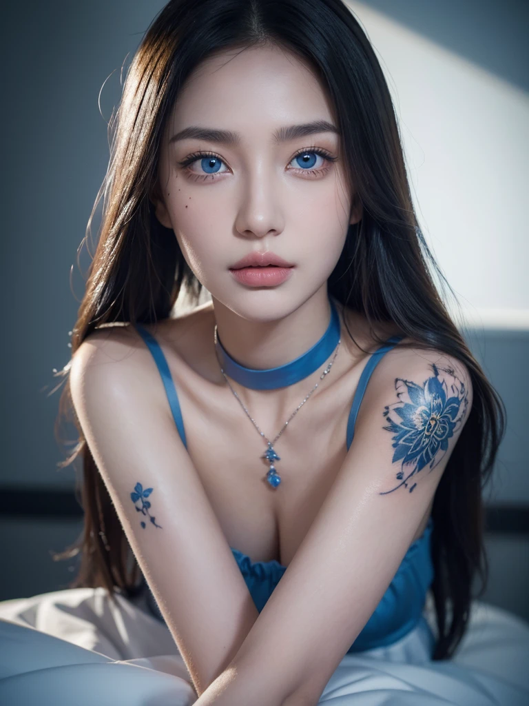 1girl, alone, solitary, high quality, (best quality,4k,8k,highres,masterpiece:1.2),ultra-detailed,(realistic,photorealistic,photo-realistic:1.37),gorgeous hair,white hair,long straight hair with bangs,puffy eyes,mole on the cheek,plump lips,jewelry,(high detailed skin:1.4),(rim lighting:1.3),(lit:1.3),(sunny day:1.3),portrait,beautiful lips,waist-length hair,seductive gaze,moles,sundress,dress,short dress,close up,really long hair,choker necklace,small tattoos,tattooed,blue eyes,blue contacts
