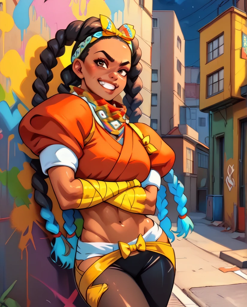 score_9,score_8_up,score_7_up,
kimberlyxl,black hair,brown eyes,long braids,two-tone hair,crossed arms,
bow hairband,red shirt,puffy short sleeves,midriff,arm wrap,black hip vent,scarf,black legwear,
leaning against wall,smug,
night,graffiti,urban,alley,wall,
looking at viewer,grin,
