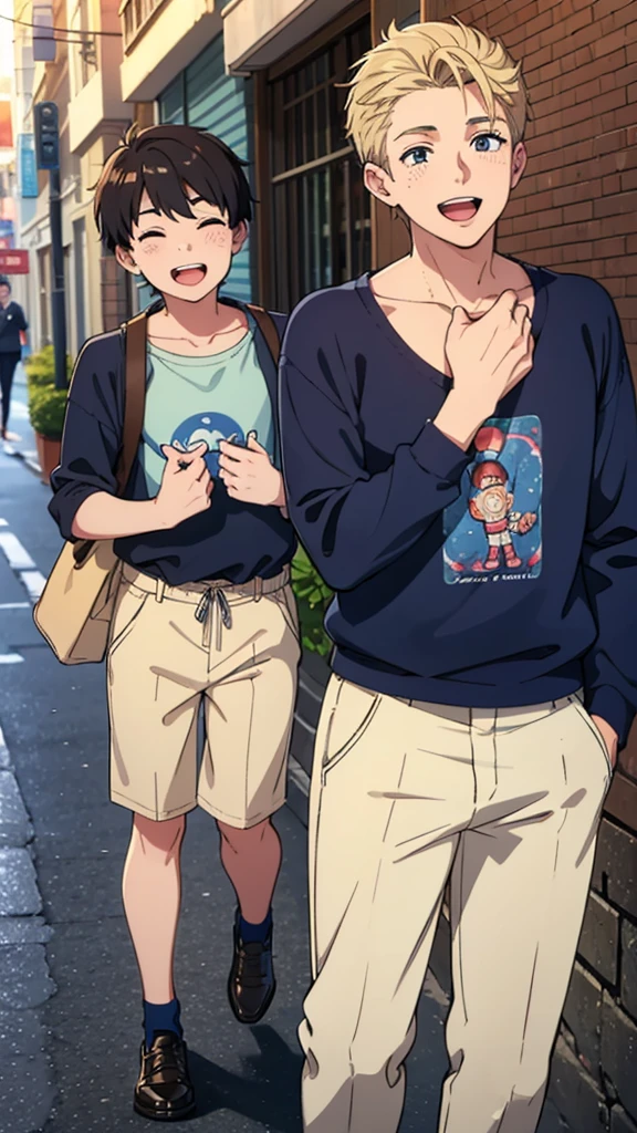 ((Best Quality)), ((Masterpiece)), (detailed), 2 boys laughing on the street