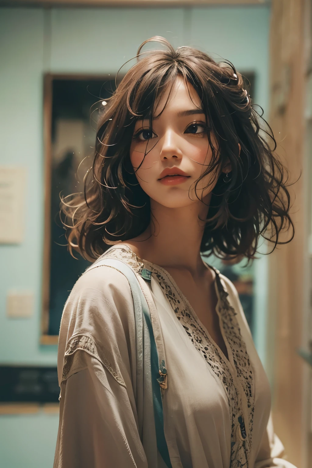 Raped woman with permed hair, what makeup, without makeup, Centrally separated curtain bangs, Profile picture, Use Instagram Filters, Subtle soft and dim light, Pose looking around the museum, Sculpture, Landmark, perfect face, julia sardinian, perfect hands, Random behavior, (full_body),