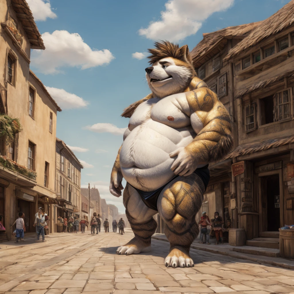 CHILD,  chubby，shirtless， alone， detailed， high resolution，， Masterpiece，Obesity in the extremities.，Over weight，Peter Junior，people,  traveling through the town,   heroe del pueblo