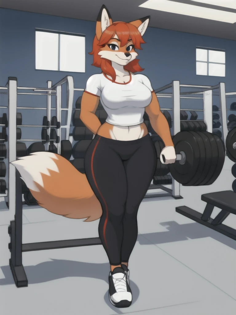 Furry, fox, female, white shirt, black leggings, shoes, gym, teen, full body