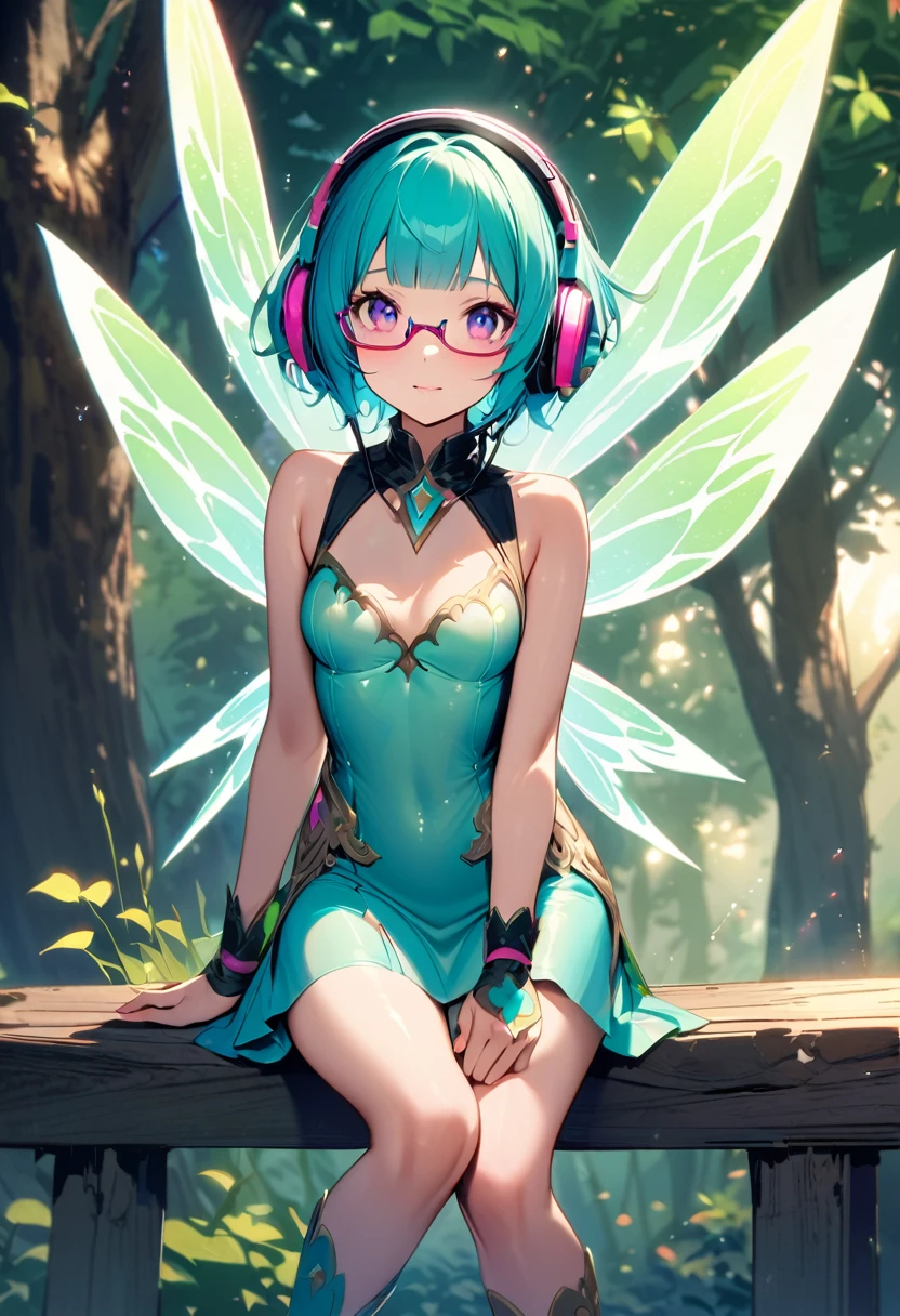 (super very short hair:1.3), blunt bangs, (((underrim glasses:1.3))), (headphones:1.3), a hauntingly beautiful cute fairy sitting on a fence in the forest. her vibrant and youthful features create a striking juxtaposition of ethereal beauty. tight latex fairy dress, short dress, sparkly wings.