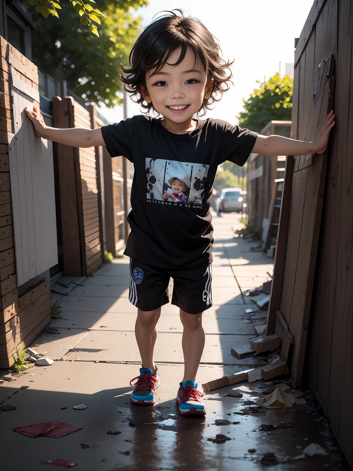 long shot, whole body:1.5, (5 year old boy:1.4, happy, beautiful smiling smile:1.4), hyperrealism, skin texture, Very detailed, 8k hd, beautiful, happiness expression, messy hair, Dirty clothes, ice cream spilled on the floor, outdoor park, bright sunlight, detailed background, cinematic lighting, vibrant colors