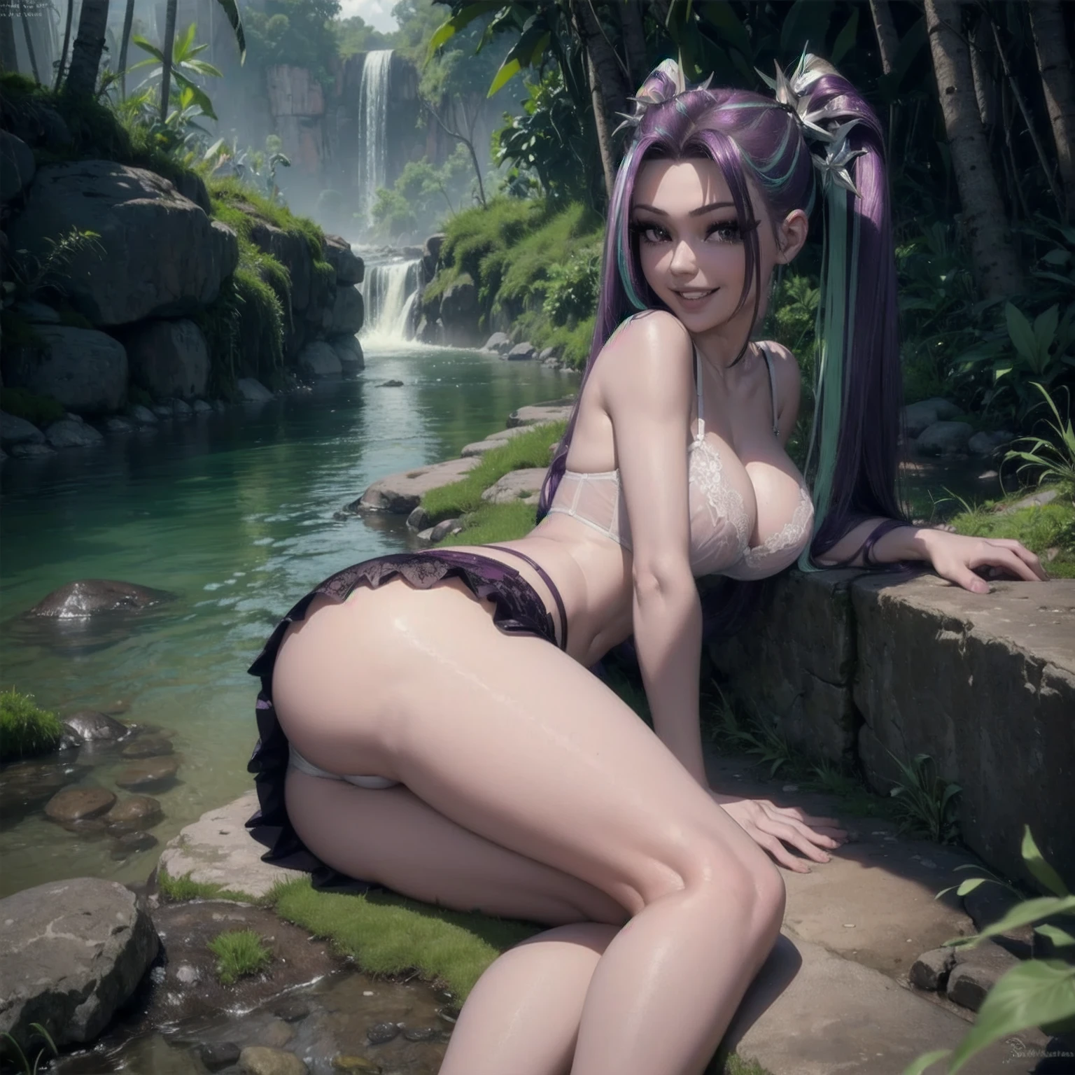 (((aria blaze look at viewer with excited happy smiling face))) ,(((purple twintail hair))) , (((bare belly))) ,(((inside jungle next to river))) , (((laying on side exposing her butt))),(((wear sheer lace transparent see through bra))) ,(((bare legs))) , (((perfect big breasts))) , lush breasts , Bulky Breasts , voluminous breasts ,(((peeping the viewer))) ,(((perfect bare butt))),(((upskirt))),(((sexy butt and two legs)))