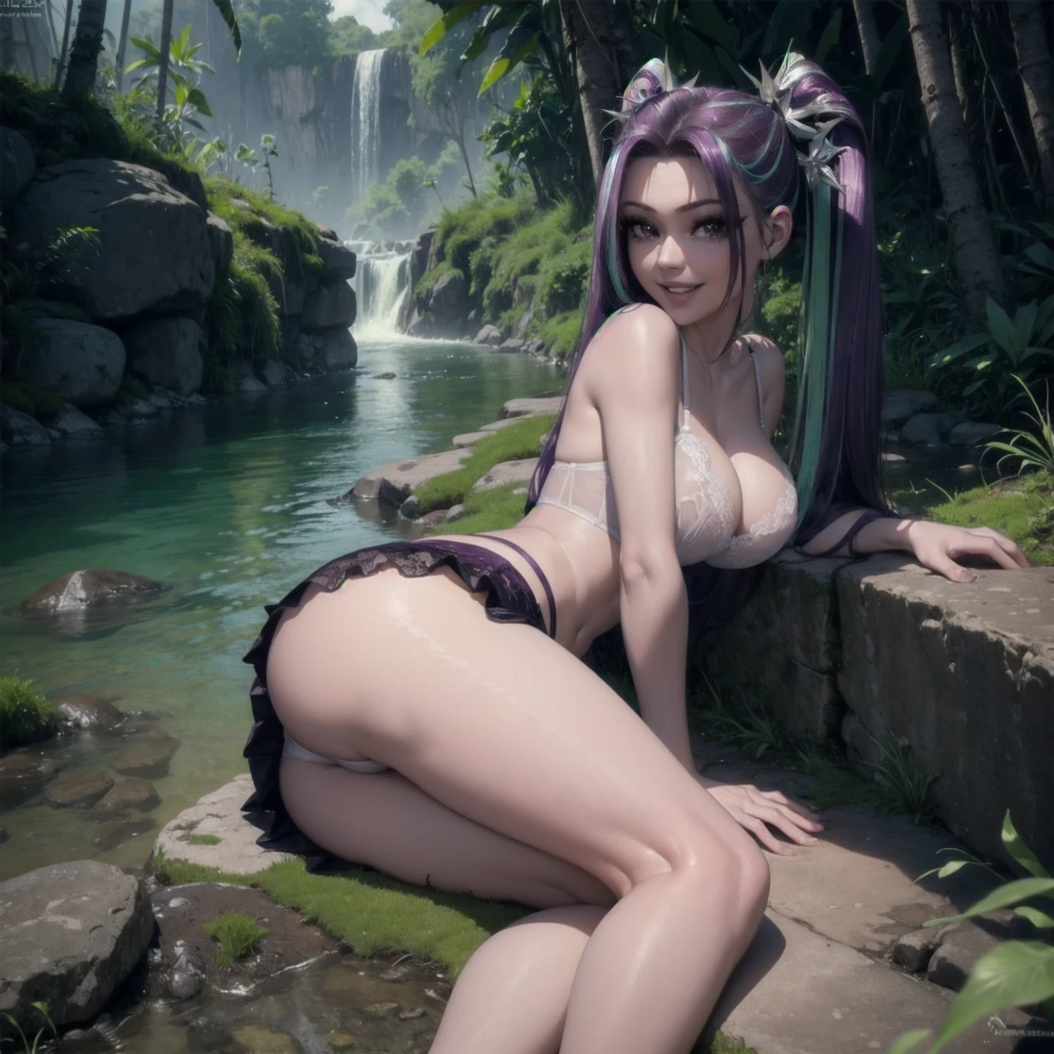 (((aria blaze look at viewer with excited happy smiling face))) ,(((purple twintail hair))) , (((bare belly))) ,(((inside jungle next to river))) , (((laying on side exposing her butt))),(((wear sheer lace transparent see through bra))) ,(((bare legs))) , (((perfect big breasts))) , lush breasts , Bulky Breasts , voluminous breasts ,(((peeping the viewer))) ,(((perfect bare butt))),(((upskirt))),(((sexy butt and two legs)))