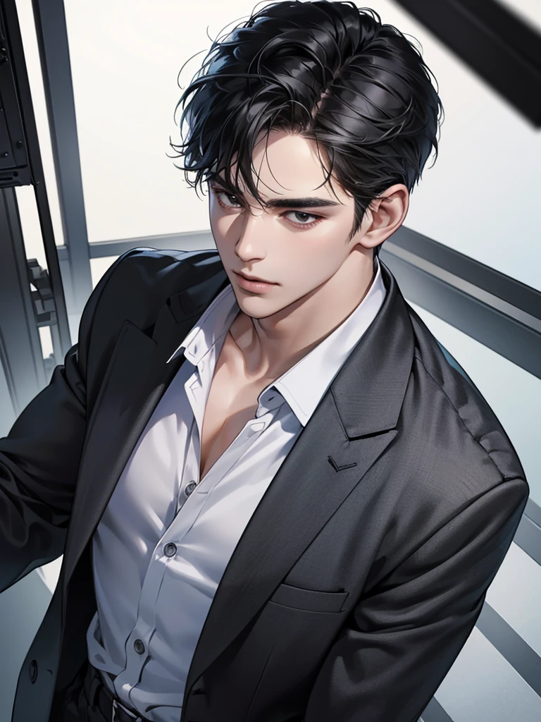 (best quality, masterpiece, 8K, photorealistic, cinematic lighting, 1:4 hdr image, top view, ultra detailed, beautiful image), a mature man, very handsome, short black hair, black eyes, perfect face without errors , ((buttoning his jacket, CEO))