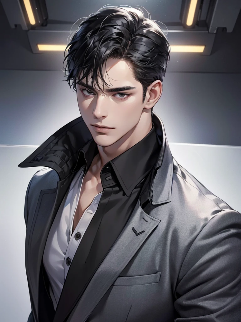 (best quality, masterpiece, 8K, photorealistic, cinematic lighting, 1:4 hdr image, top view, ultra detailed, beautiful image), a mature man, very handsome, short black hair, black eyes, perfect face without errors , ((buttoning his jacket, CEO))