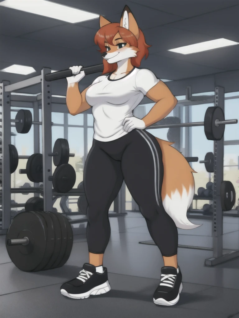 Furry, fox, female, white shirt, black leggings, shoes, gym, teen, full body