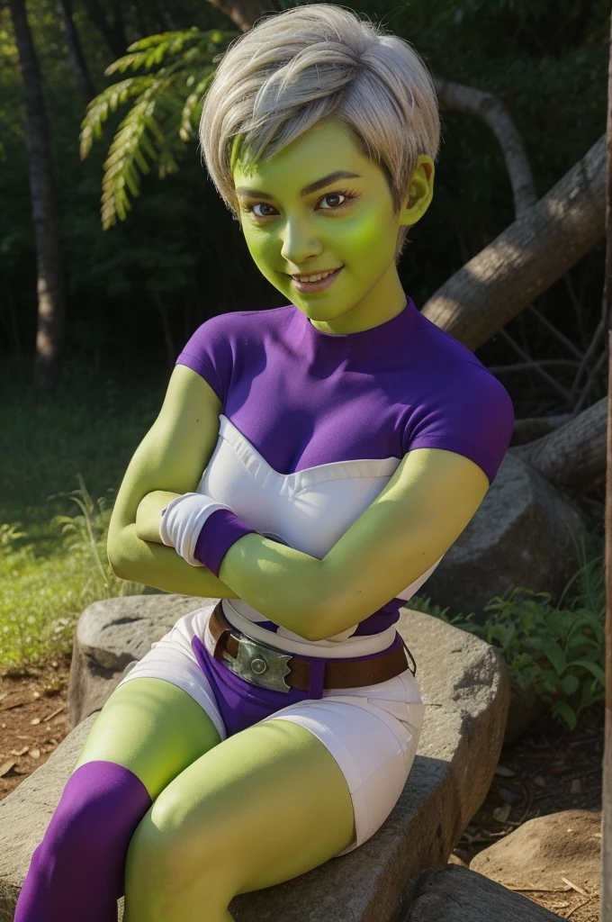 cheelai,1girl,solo,very short hair,pink eyes,white hair,(green skin:1.3),
white gloves,purple bodysuit,bodysuit,short sleeves,belt,saiyan armor,purple shorts,
smile,closed mouth,cowboy shot,sitting,
forest,outdoor,
(insanely detailed, beautiful detailed face, masterpiece, best quality) cinematic lighting,(((full body))).