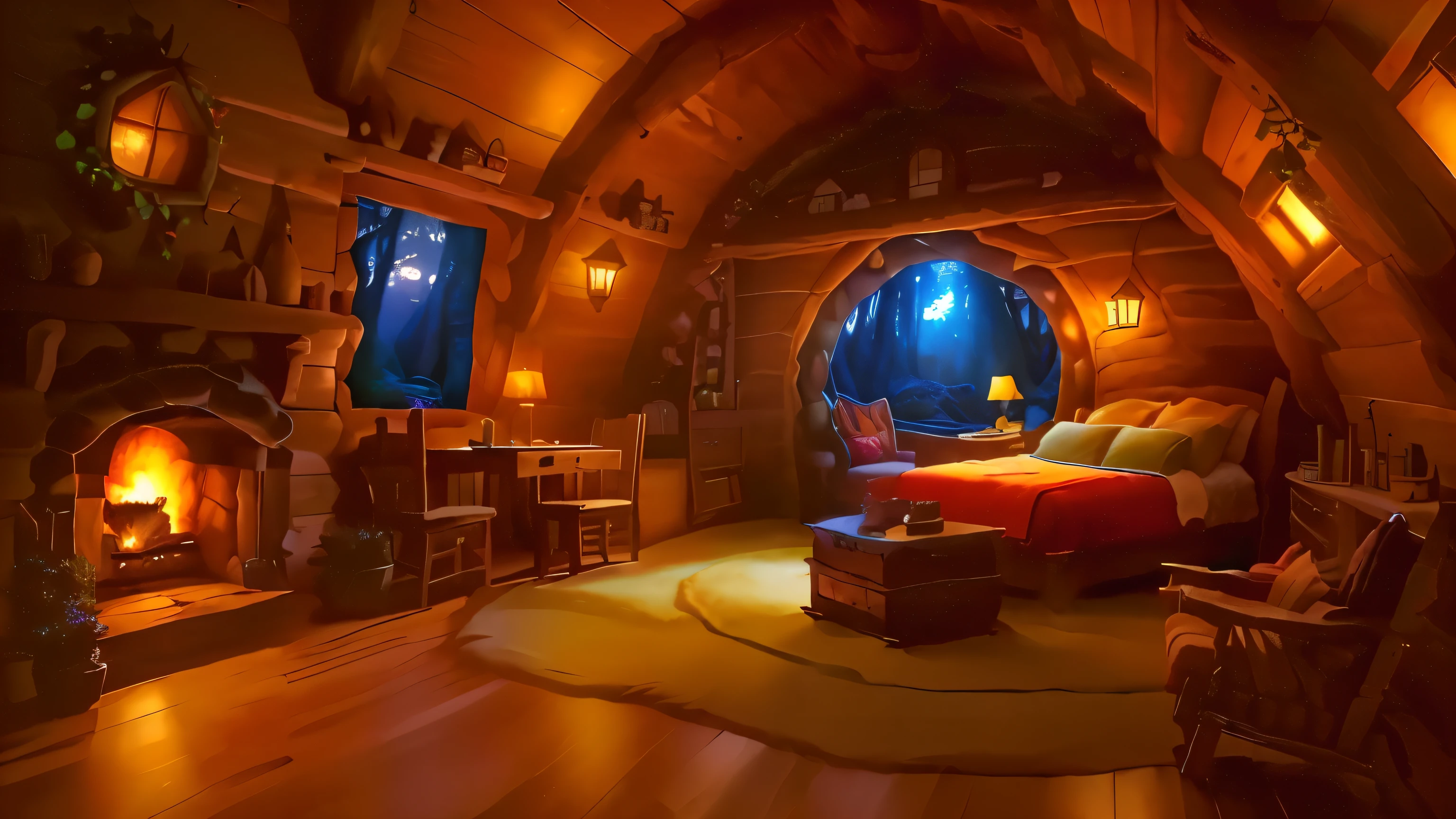 airy room with fireplace and a bed, cozy room, cozy envirnment, in your hobbit house, inside a hobbit hole, cozy envirnment e tranquilo, cozy place, Room at Ghibli Studio, fourth style RPG creator, personal room background, magical atmosphere, cozy treehouse bedroom, thomas kinkade. cute cozy room, in a cabin, cozy and calm