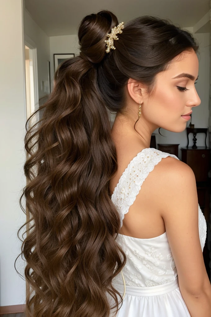 ((best quality)), ((masterpiece)), (detailed),Voluminous curls gathered into a low ponytail, wrapped with a silk ribbon.