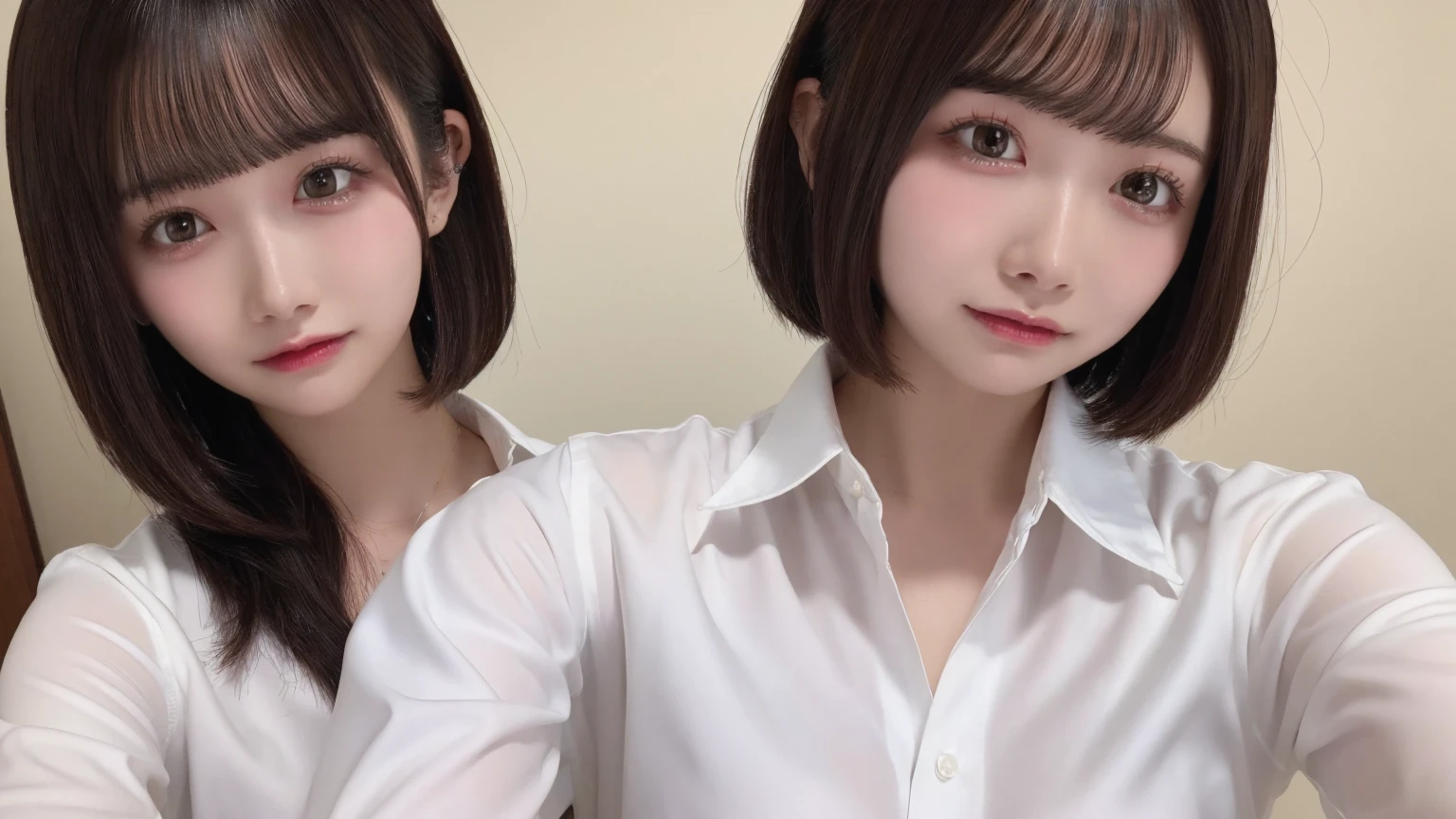18-year-old、Ultra HD、Ultra-high resolution、Realistic、Sweaty skin、Bob Hair　Bob Hair、Nipples、Large Breasts、Selfie、White shirt、solo、Buttoned shirt