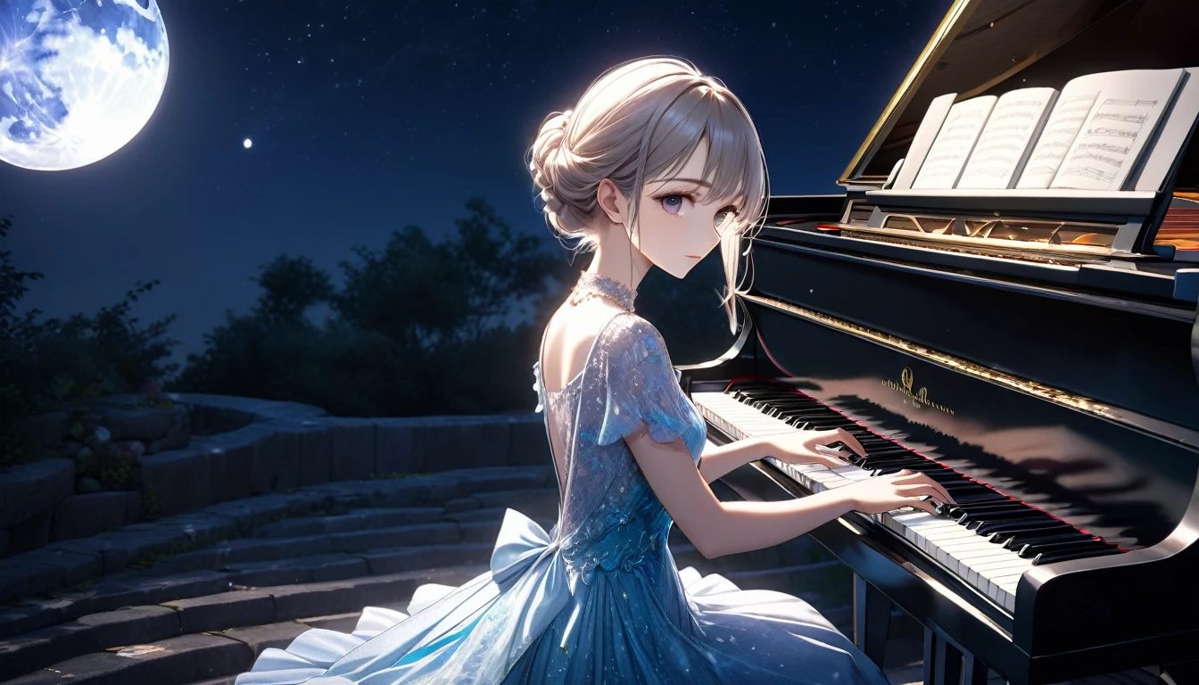 a beautiful young girl playing a piano in the moonlight, anime style, viewed from a distance, detailed face, long eyelashes, elegant fingers, flowing dress, soft moonlight, dramatic shadows, vibrant colors, highly detailed, 8K, fantasy, cinematic lighting, photorealistic, digital art