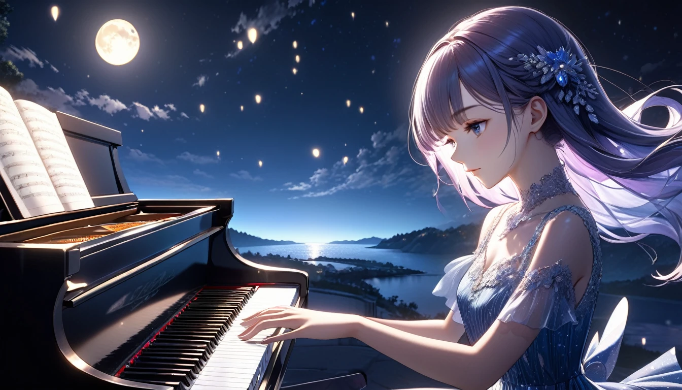 a beautiful young girl playing a piano in the moonlight, anime style, viewed from a distance, detailed face, long eyelashes, elegant fingers, flowing dress, soft moonlight, dramatic shadows, vibrant colors, highly detailed, 8K, fantasy, cinematic lighting, photorealistic, digital art