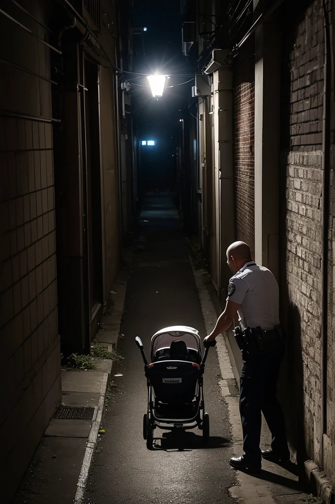 A police officer finds and shines a light on an empty baby stroller in a dark alley where the shadow of the stroller reflects an image from the past of a person holding a baby.