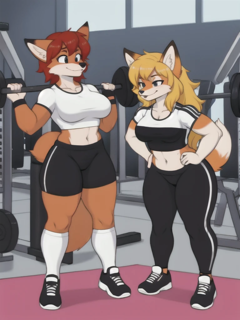 Furry, fox, female, white shirt, black leggings, shoes, gym, teen, full body