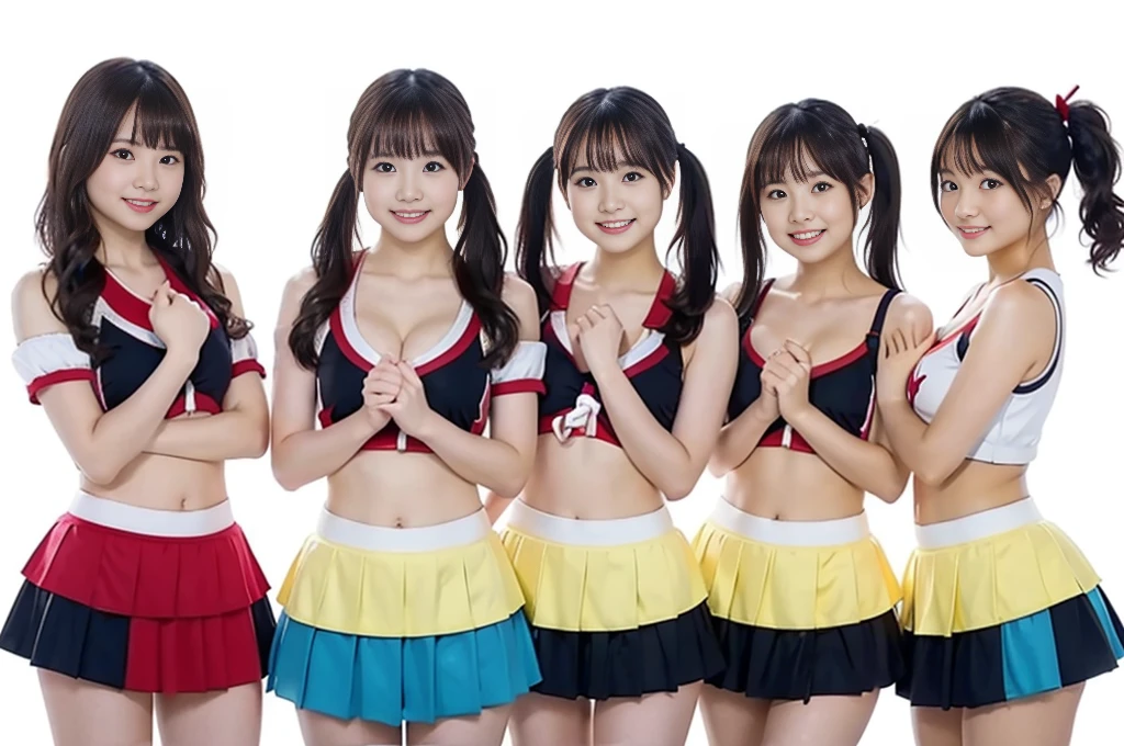 White Background、Cheerleader、Colorful costumes、（Three Girls）、whole body、View your viewers、17-year-old girl、Twin tails、ponytail、short hair、（Put your arms behind your back）、Cross your arms behind your back、C cup breasts、Cleavage、Groin washing、Spread your legs、（Wind power increase）、loose socks