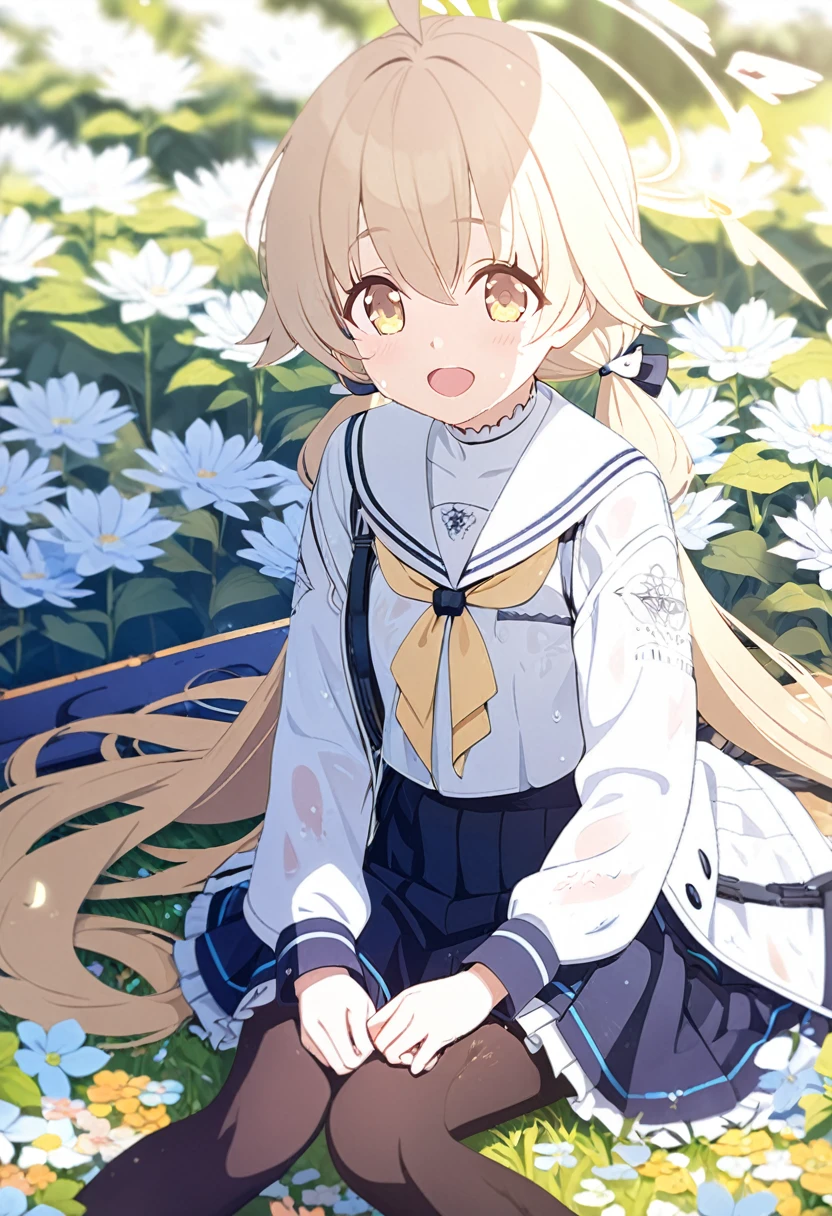 1 girl, masterpiece, best quality, Amazing, beautiful detailed eyes, finely detailed, depth of field, extremely detailed CG unity 8k wallpaper, full body, Ajitani Hifumi (Blue Archive), halo, sitting, , sailor collar, smile, blonde hair, twintails, long hair, low twintails, hair bow, tied, yellow ribbon, long sleeves, blue skirt, pleated skirt, frilled skirt, frills, black pantyhose, sideblocks, wing hair ornament, hair between eyes, yellow eyes, open mouth, flower field, wet clothes, 