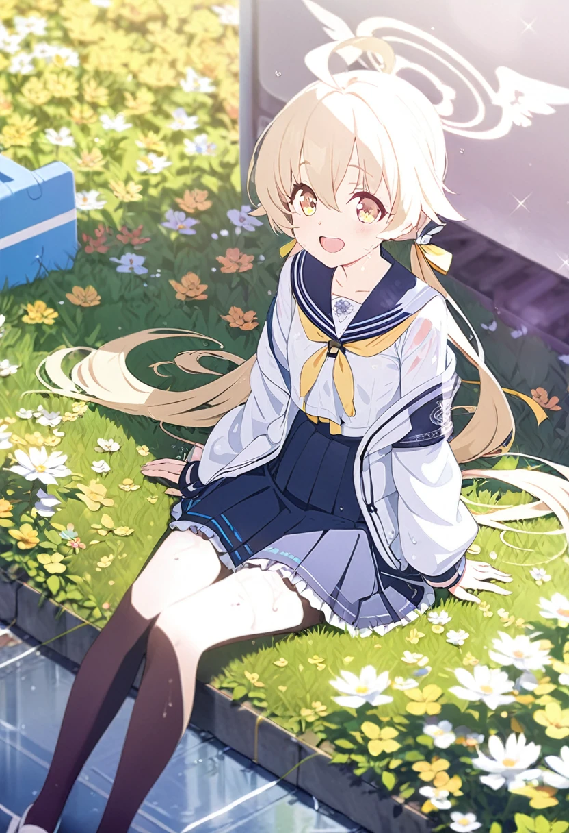 1 girl, masterpiece, best quality, Amazing, beautiful detailed eyes, finely detailed, depth of field, extremely detailed CG unity 8k wallpaper, full body, Ajitani Hifumi (Blue Archive), halo, sitting, , sailor collar, smile, blonde hair, twintails, long hair, low twintails, hair bow, tied, yellow ribbon, long sleeves, blue skirt, pleated skirt, frilled skirt, frills, black pantyhose, sideblocks, wing hair ornament, hair between eyes, yellow eyes, open mouth, flower field, wet clothes, 