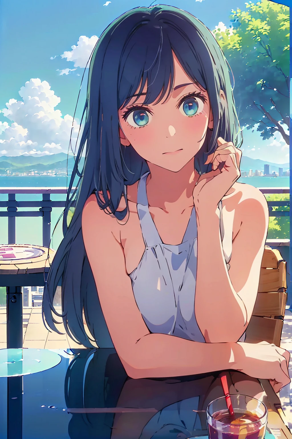 (Highest quality:1.4、masterpiece:1.4、超detailed:1.4、Ultra-high resolution:1.4、Absurd:1.4、Absolute Resolution:1.4、8K:1.4、detailed:1.4)、Slim body、((((1 person、Surprised expression、sit、Chair、In the background are the urban buildings of Tokyo、looking at the camera、Outdoor café terrace、Navy hair color、juice、table、Very cute face))))、((((nude、very beautiful areola、valley))))、(Pose with hands tucked behind ears:1.4、Cheek resting on hand:1.4)、(bikini)、Very blue sky、A completely cloudless sky