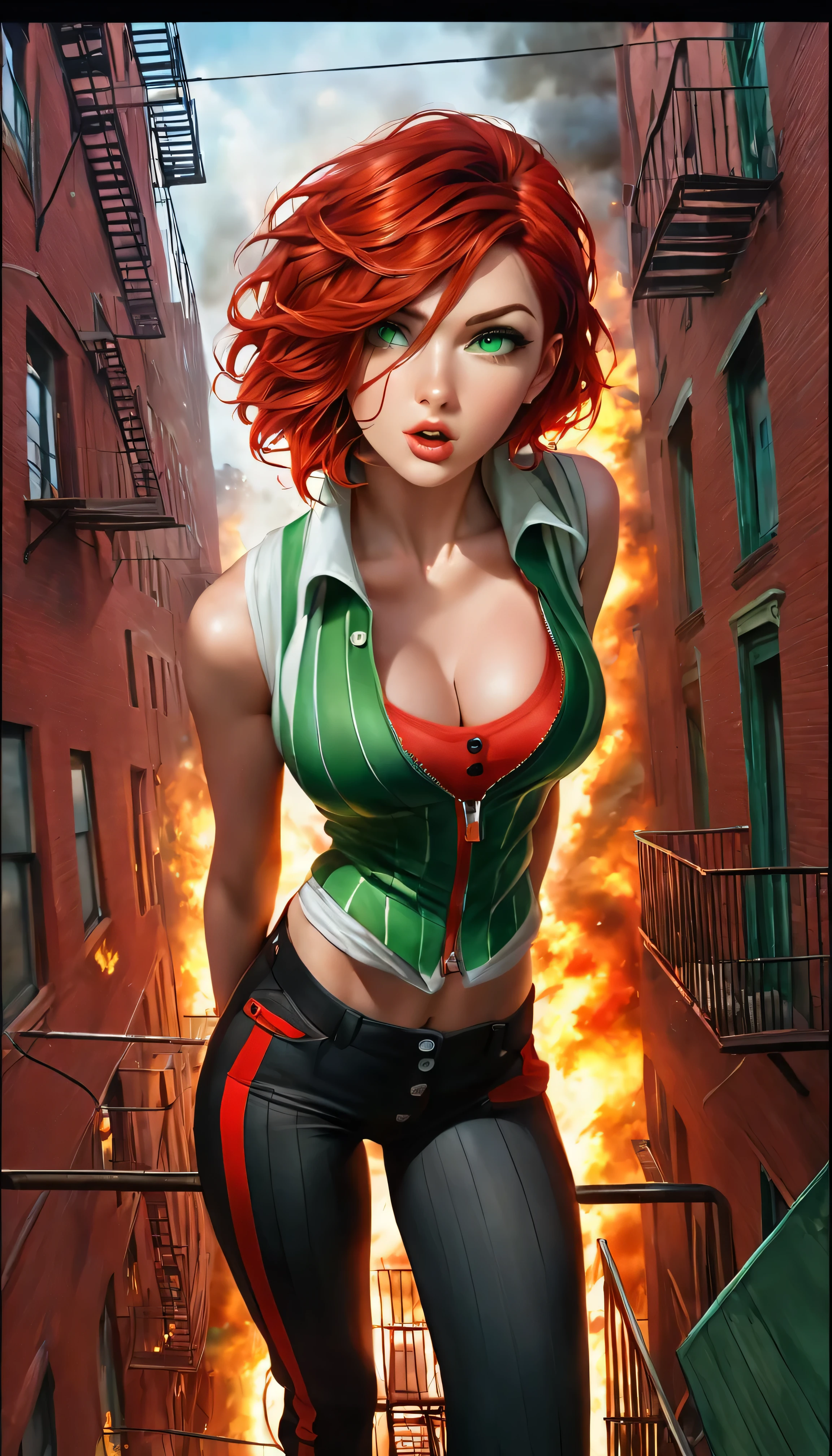 (best quality, 4k, Masterpiece, Ultra detailed, hyperrealism, RAW), The most beautiful, aqua green eyes, (Red hair, short hair, makeup), facing the viewer, full and perfect body, Navel exposed, perfect body , ((tight striped pants, buttons on zipper, vest)), (climbing building fire escape, (Retina 4k)),