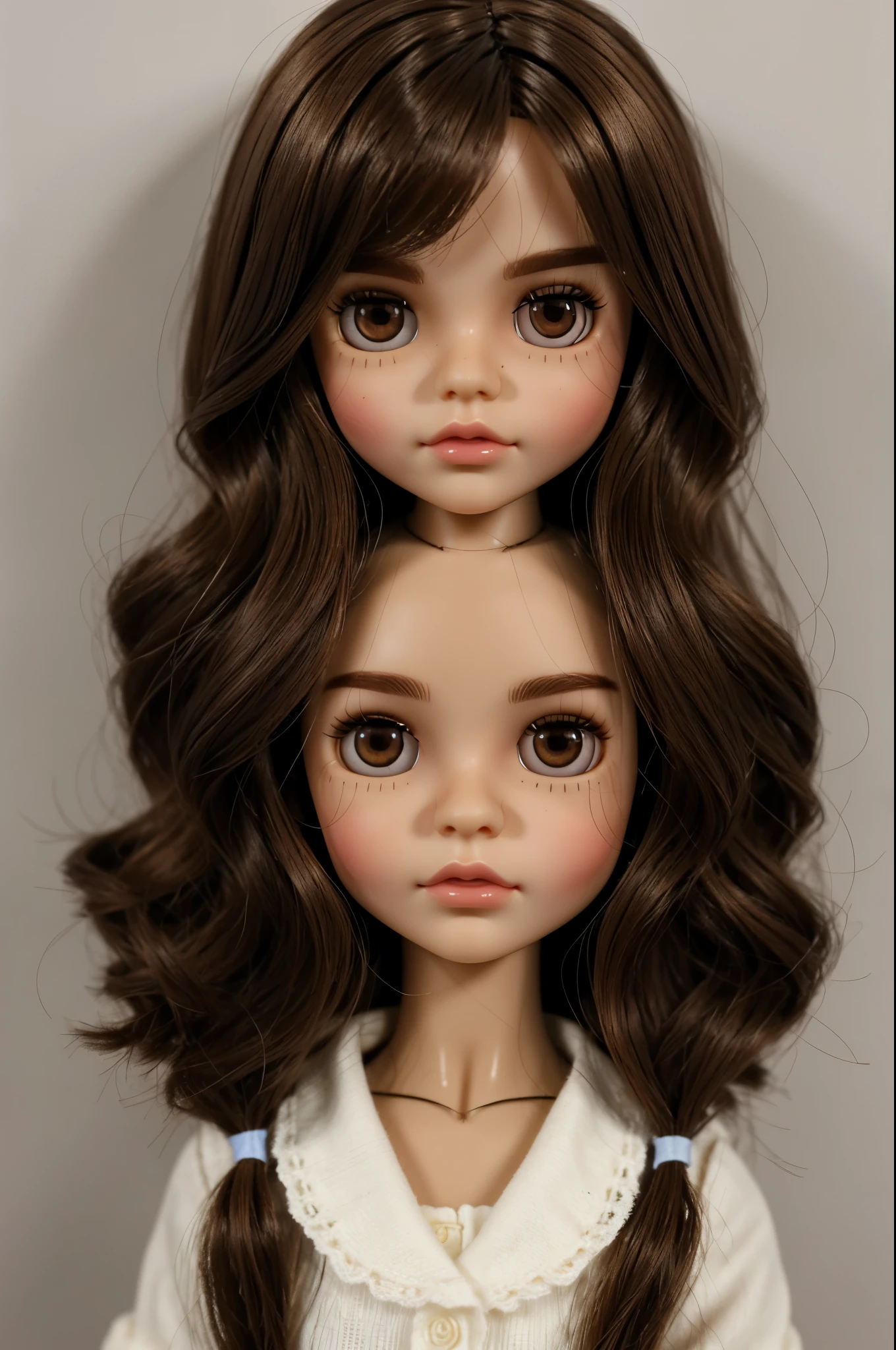 Blythe doll brunette, brown hair, dark brown eyes, mole on cheek and under eye, and wide upper lips and thin lower lips 
