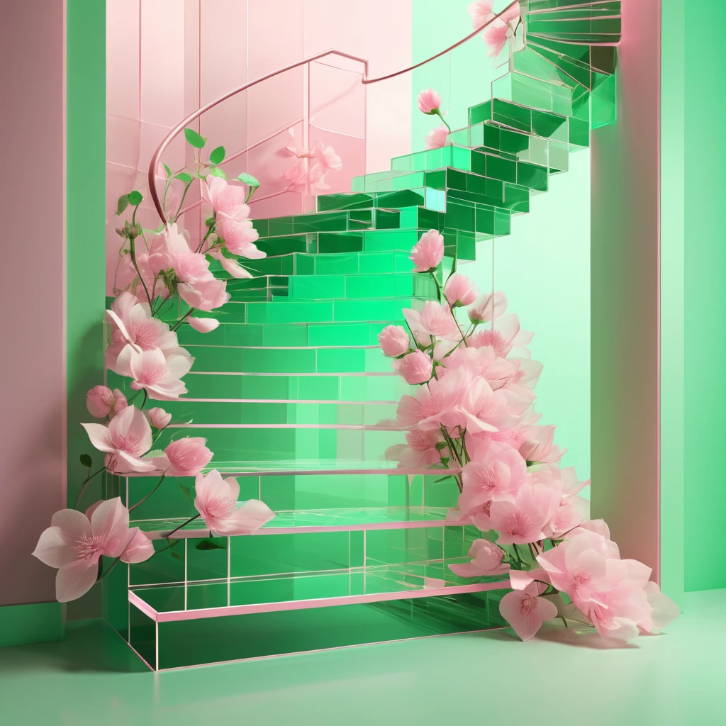 Silhouette of a staircase made of randomly stacked transparent cubes、Soft body line、Faint Lines、High contrast、Rendered in a duotone style with brilliant pink petals color and soothing green color、Expressing beauty to the fullest、Gives off a delicate glow、Inorganic、Softness