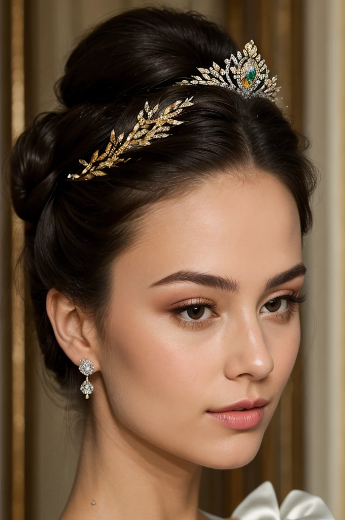 ((best quality)), ((masterpiece)), (detailed),A sleek and polished high bun with a few loose tendrils framing the face, paired with a bejeweled tiara.