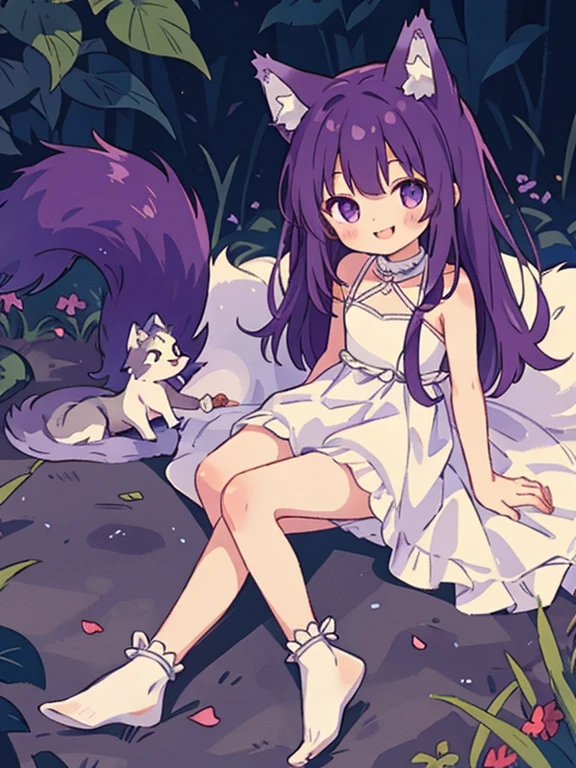 Cute, young, flat chest, 10 years old, wedding dress, small legs, thin legs, wolf ears, fluffy tail, dark purple hair, dark purple tail, smiling