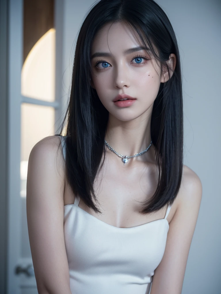 1girl, alone, solitary, high quality, (best quality,4k,8k,highres,masterpiece:1.2),ultra-detailed,(realistic,photorealistic,photo-realistic:1.37),gorgeous hair,white hair, white long straight hair with bangs,puffy eyes,mole on the cheek,plump lips,jewelry,(high detailed skin:1.4),(rim lighting:1.3),(lit:1.3),(sunny day:1.3),portrait,beautiful lips,waist-length hair,seductive gaze,moles,sundress,dress,short dress,close up,really long hair,choker necklace,small tattoos,tattooed,blue eyes,blue contacts