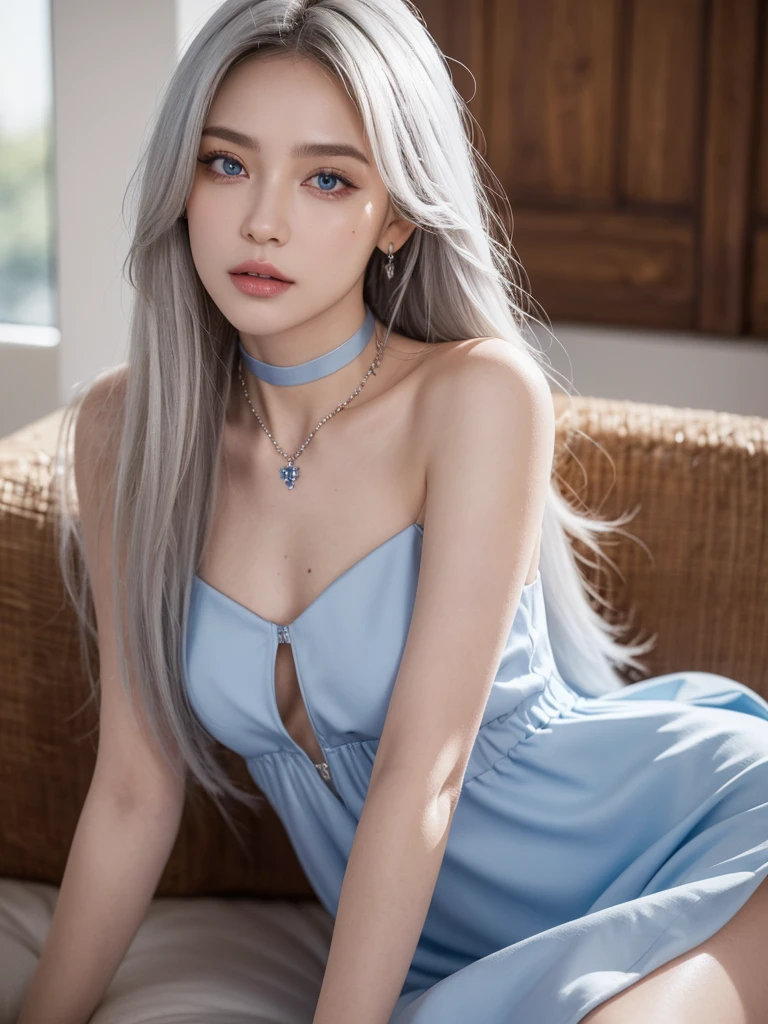 1girl, alone, solitary, high quality, (best quality,4k,8k,highres,masterpiece:1.2),ultra-detailed,(realistic,photorealistic,photo-realistic:1.37),gorgeous hair,white hair, white long straight hair with bangs,puffy eyes,mole on the cheek,plump lips,jewelry,(high detailed skin:1.4),(rim lighting:1.3),(lit:1.3),(sunny day:1.3),portrait,beautiful lips,waist-length hair,seductive gaze,moles,sundress,dress,short dress,close up,really long hair,choker necklace,small tattoos,tattooed,blue eyes,blue contacts