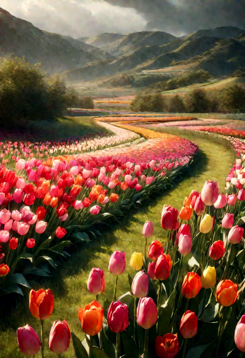 A highly detailed, 3D field of colorful tulips, vibrant colors, dramatic lighting, beautiful rolling hills, overcast sky, realistic textures, intricate petals, lush foliage, depth of field, photorealistic, cinematic composition, masterpiece, best quality, 8K, HDR