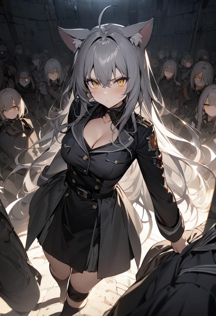 Dark room、Dynamic Angles、Raising the German flag、Suspicious Gathering、Surrounded by enemies、(masterpiece, best quality:1.2), 1girl, 独奏、Gray cat ears、Grey long hair、Ahoge、Yellow Eyes、Gray cat ears、Background of military bases、Fisheye Lens、battlefield、Shadows of light and darkness、Expressionless、Grim face、battle、Black knee socks、Cleavage、