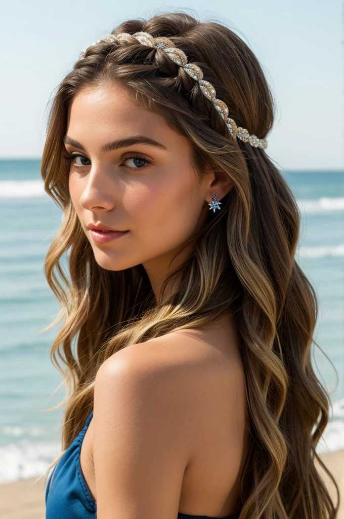 ((best quality)), ((masterpiece)), (detailed),Long, beachy waves with a braided headband, featuring small crystal accents.