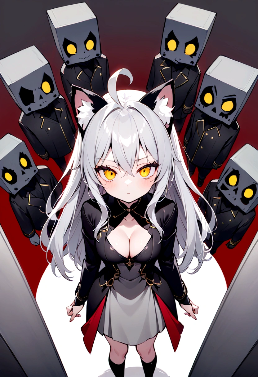 Pitch blackな部屋、Exquisite shadow expression、Pitch black、darkness、Surrounded by enemieasterpiece, best quality:1.2), 1girl, 独奏、Gray cat ears、Point your gun at us、Grey long hair、Ahoge、Yellow Eyes、Gray cat ears、Background of military bases、Fisheye Lens、battlefield、Shadows of light and darkness、Expressionless、Grim face、battle、Black knee socks、Cleavage、