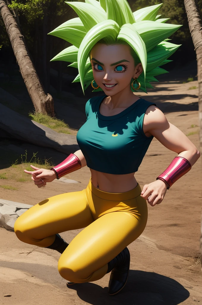 keflassj, 1girl, solo, aqua eyes, green hair, spiked hair, super saiyan, super saiyan 1, green earrings,
midriff, pink top, short sleeves, crop top, short sleeves, purple pants, gold vambraces, skin tight,
smile,closed mouth,cowboy shot,
forest,outdoor,
(insanely detailed, beautiful detailed face, masterpiece, best quality) cinematic lighting,(((full body))) 