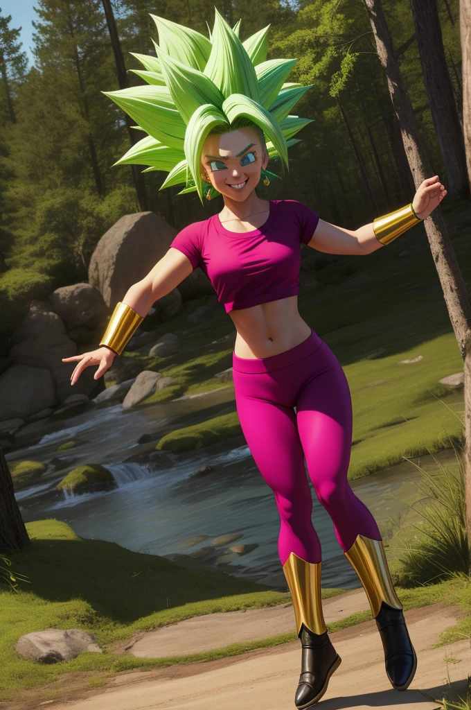 keflassj, 1girl, solo, aqua eyes, green hair, spiked hair, super saiyan, super saiyan 1, green earrings,
midriff, pink top, short sleeves, crop top, short sleeves, purple pants, gold vambraces, skin tight,
smile,closed mouth,cowboy shot,
forest,outdoor,
(insanely detailed, beautiful detailed face, masterpiece, best quality) cinematic lighting,(((full body))) 