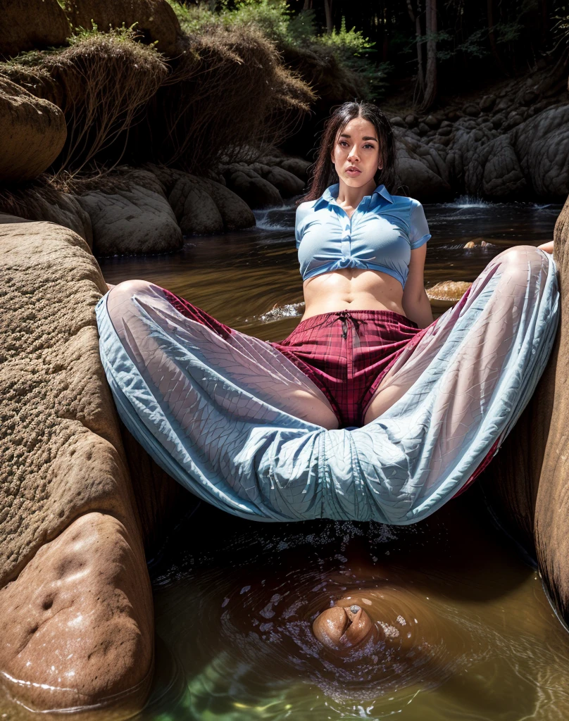 cinematic photo Woman 30 years old ,tight medium shot . 35mm photography, film, bokeh, proffesional, 4K, highy detailed, realisitic, a woman rafting wearing a polo shirt and Palazzo pants: Extremely baggy and baggy pants, Fluid design.,