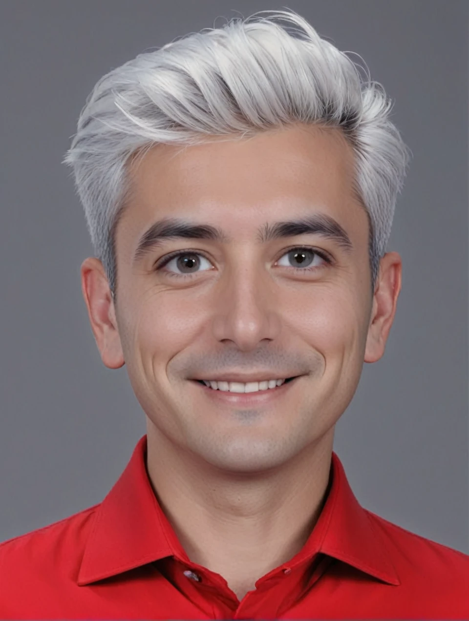 3d cartoon style, 30 years old man, short gray hair, almost bald, in a dark blue suit and light blue shirt, no tie, smiling at the camera, foto perfil, commercial shot., face is brightly lit
