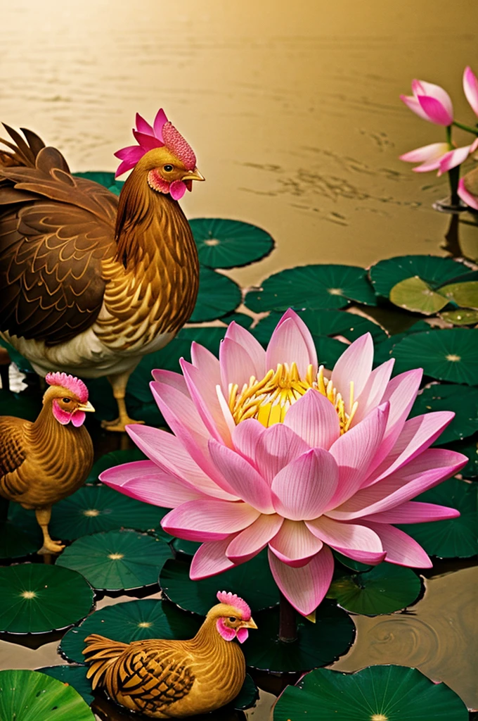 Golden hen emerging from a pink sacred lotus 