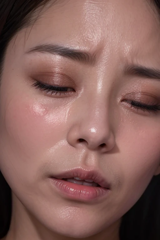 一人のwomanの画像,、Face close-up、Smooth Skin、masterpiece、Highest quality、8K Photo、((close your eyes and open your mouth slightly))、close your eyes、Suffering face、(Wrinkles around the eyes:1.2),woman, 20-year-old、中年woman、Get closer to the audience、Wet lips、kiss pov,tilt your face slightly to the left、薄Dark Room、Dark Room、(Oily skin、Sweat, skin shining with Sweat,)Head is up,From below,(Symmetrical nose,)