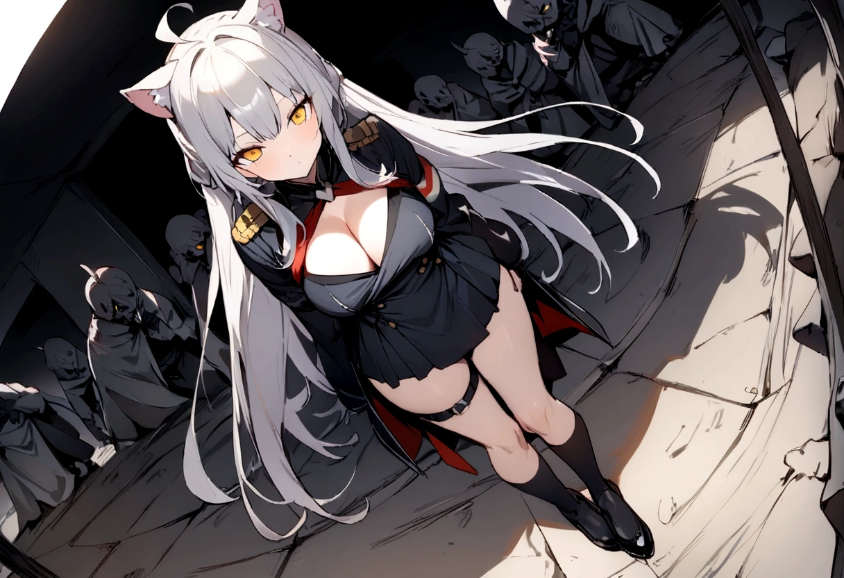 Dynamic Angles、Raising the German flag、Suspicious Gathering、Surrounded by enemies、(masterpiece, best quality:1.2), 1girl, 独奏、Gray cat ears、Grey long hair、Ahoge、Yellow Eyes、Gray cat ears、Background of military bases、Fisheye Lens、battlefield、Shadows of light and darkness、Expressionless、Grim face、battle、Black knee socks、Cleavage、