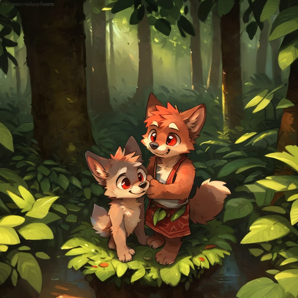 by kenket, by takemoto, (by donkeyramen, by silverfox5213), (by @yama_wolfsoul), red eyed fox boy furry, detailed and extremely fluffy body fur, fluff, masterpiece, looking up beautiful surroundings, detailed background, happy, leaf-dress, full body