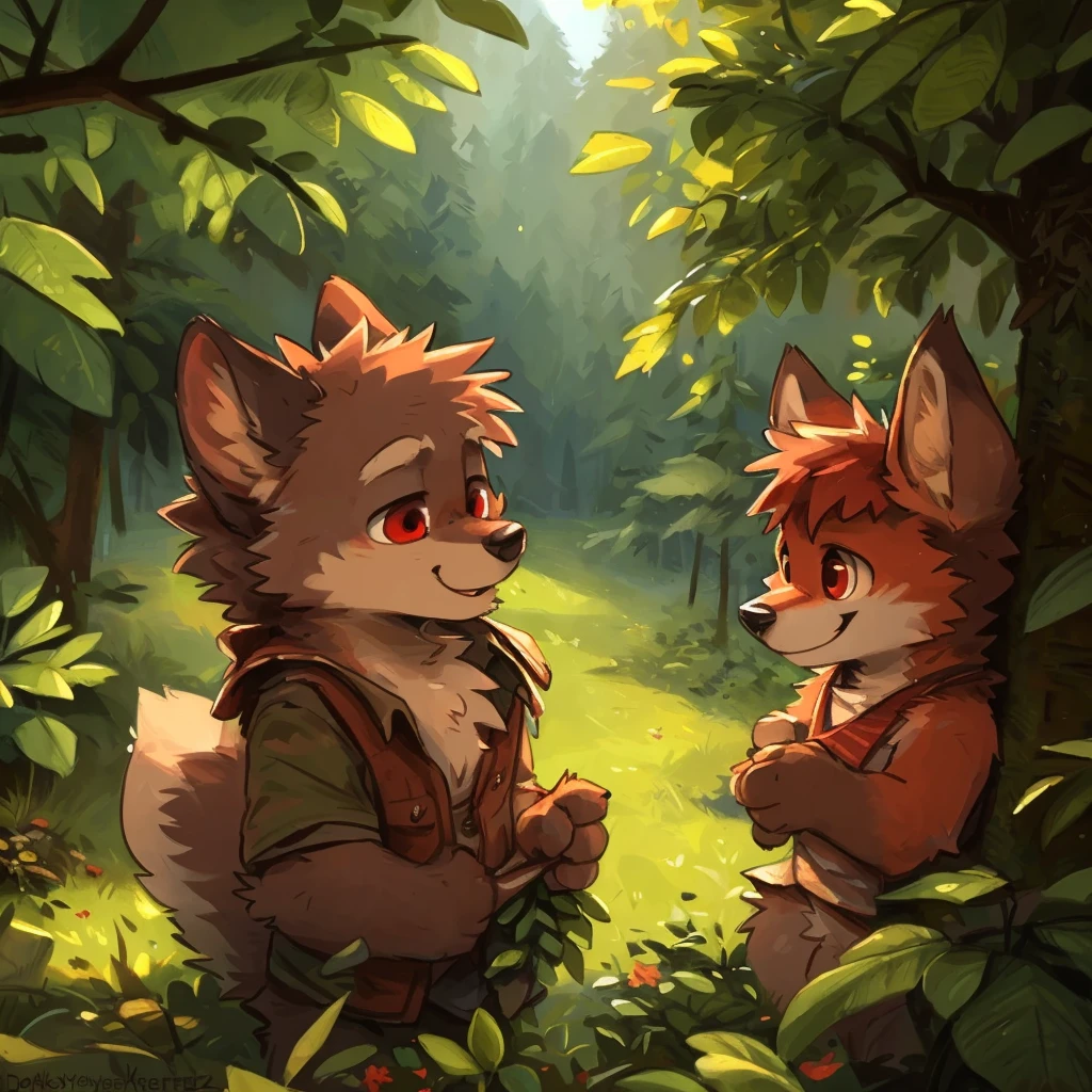 by kenket, by takemoto, (by donkeyramen, by silverfox5213), (by @yama_wolfsoul), red eyed fox boy furry, detailed and extremely fluffy body fur, fluff, masterpiece, looking up beautiful surroundings, detailed background, happy, leaf-dress, full body