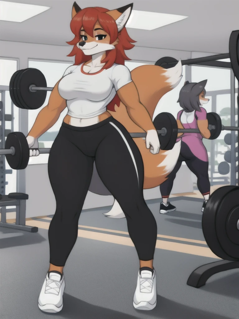 Furry, fox, female, white shirt, black leggings, shoes, gym, teen, full body