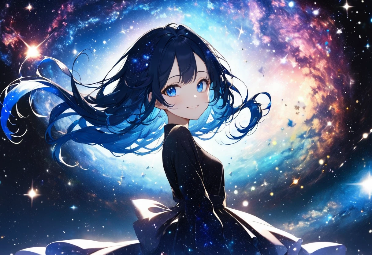 panoramic 16k, (double exposure:1.05 silhouette: 1.1) (many detailed particles light) (background is Galaxy Nebula, many:1.4 Particles Colorful Light), wearing layered one piece dress, frontale forehead blue hair long hair lovely blue eyes girl, love smile.