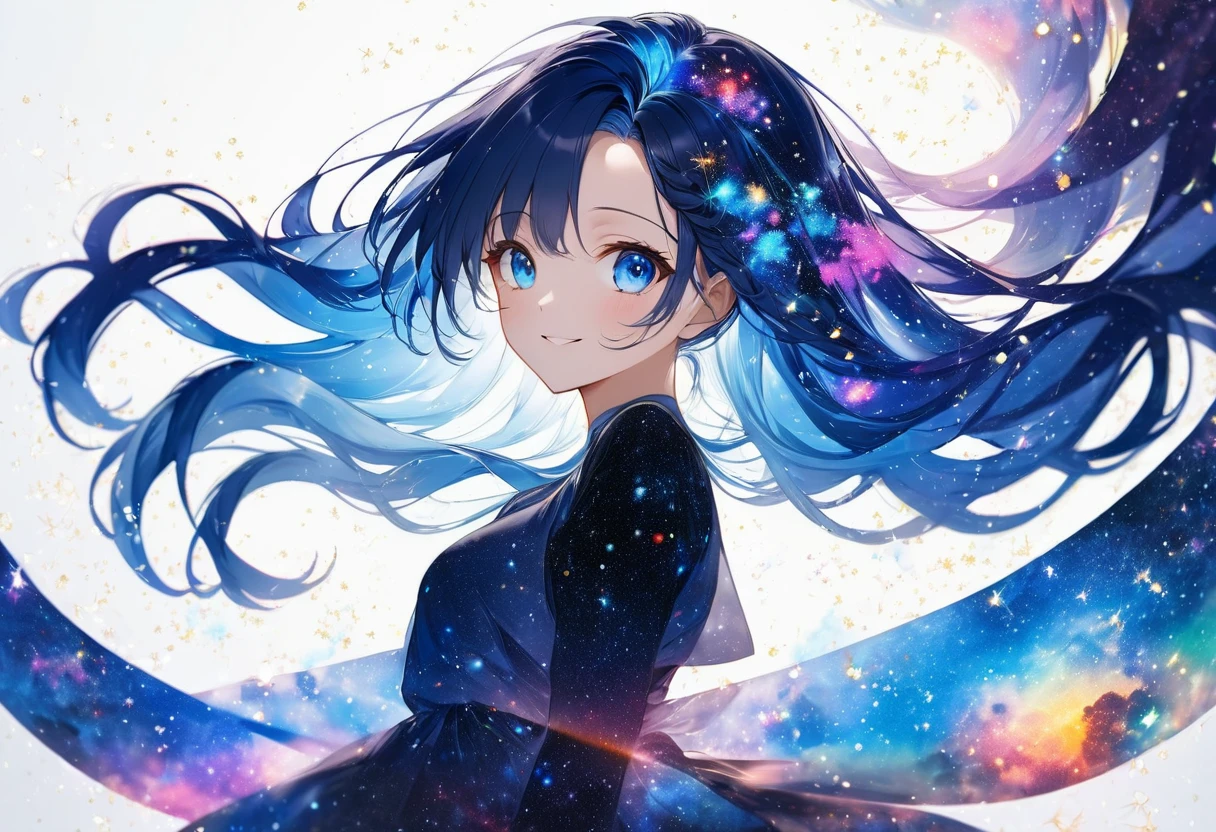 panoramic 16k, (double exposure:1.05 silhouette: 1.1) (many detailed particles light) (background is Galaxy Nebula, many:1.4 Particles Colorful Light), wearing layered one piece dress, frontale forehead blue hair long hair lovely blue eyes girl, love smile.