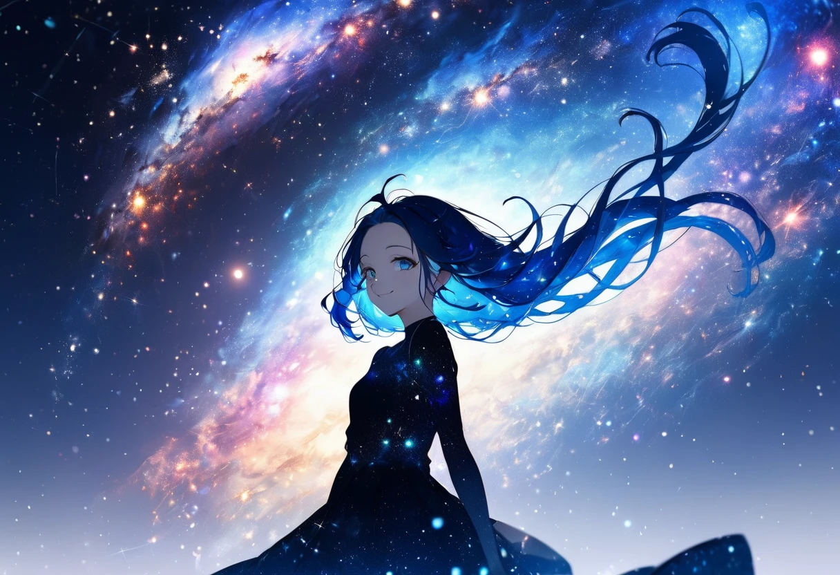 panoramic 16k, (double exposure:1.05 silhouette: 1.1) (many detailed particles light) (background is Galaxy Nebula, many:1.4 Particles Colorful Light), wearing layered one piece dress, frontale forehead blue hair long hair lovely blue eyes girl, love smile.
