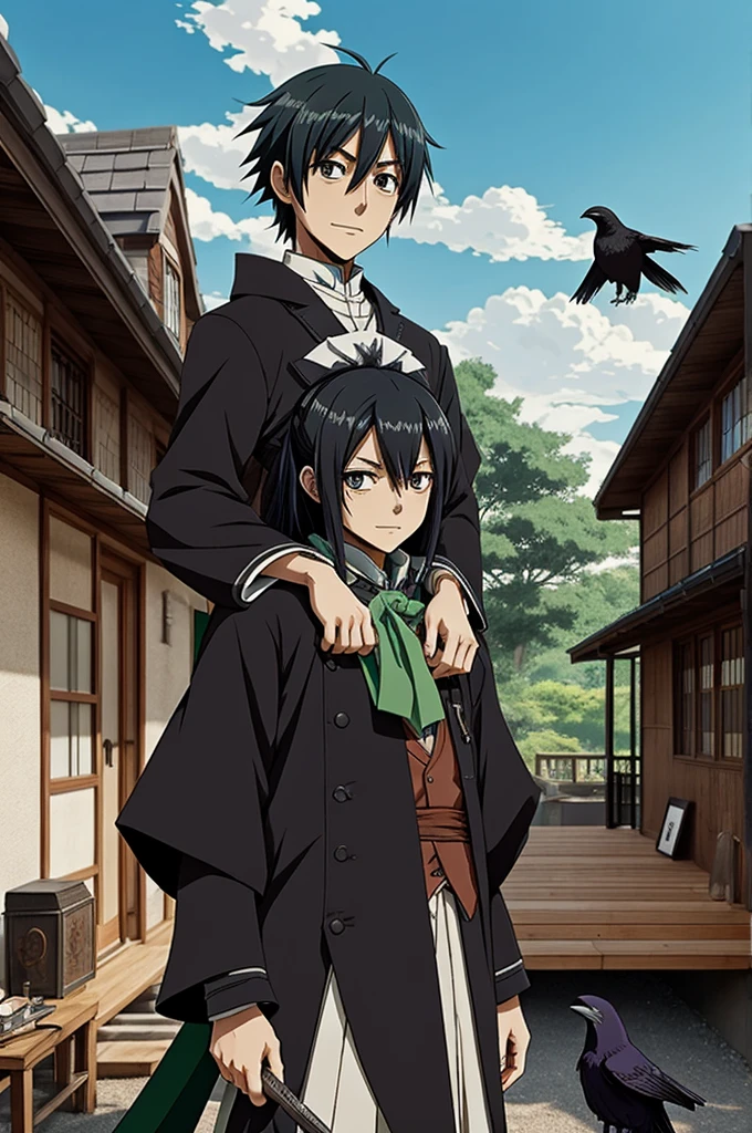 The character of muichiro Tokito from Demon slayer with a crow on his shoulder and in the background a house with a bed and many books and many anime stuffed animals 